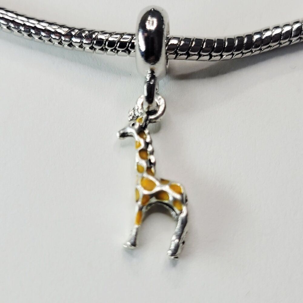 NWT For Pandora Charm Bracelet Giraffe Dangle Charm Or Pendant Silver And Orange